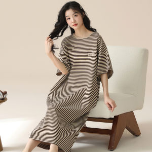 Summer Pure Cotton Long Dress Womens Nightgown Short Sleeve Striped Sleepwear Romantic Spring Sweet Style Print Home Clothes