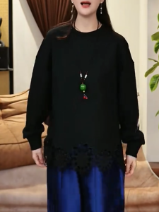QINGNAER | Autumn Korean Lace Patchwork Plus Size Loose Round Neck Long Sleeve Slim Fit Casual Womens Top