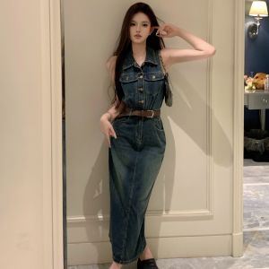 American Retro Turn-down Cổ Áo Cộc Tay Không Tay Denim Đầm Nữ Trên Đầu Gối Xuân Hè Eo-cinching Bó Ôm Sát Mông-hugging Chân Váy Midi