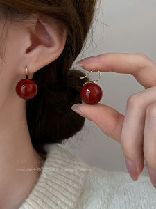 Retro Hong Kong Style Wine Red Beanie Pearl Earrings for Women Elegant Fancy Stud Earrings Affordable Luxury Fashion Ear Hook Ear Rings