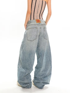 Heavyweight American Style Denim Jeans Wide Leg Knife Edge Back Embroidered Rhinestone Lettering Low Waist Straight Cut Jeans