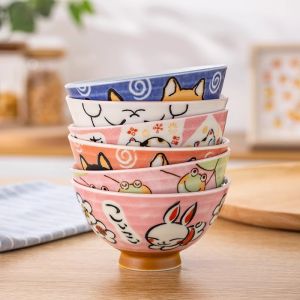 Original Mino Ceramic Cat Bowl Fortune Attracting Wealth Bringing Cat Dishware Japanese Style Porcelain round Shape Rice Bowl