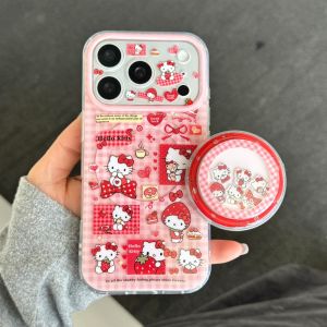 Sanrio | Cute Pink Plaid Hello Kitty For MagSafe Phone Case With Airbag Stand Shockproof Protective Cover For iPhone 16 15 14 17 Pro Max