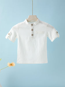 Short Sleeve Polo Shirt for Children Casual Mandarin Collar Solid Color Cotton-Linen Blend Thin Summer