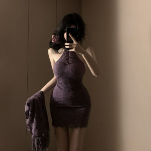 Váy Ren Cổ Treo Phong Cách Trung Hoa Mới Có Khăn Choàng Váy Ngắn Không Tay Cổ Chữ a Mùa Thu Váy Công Sở Váy Ngắn