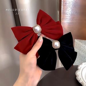 Kẹp Tóc Hình Nơ Lớn Màu Đỏ Đen Phong Cách Retro Cho Nữ