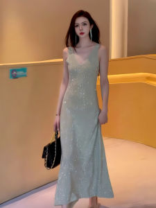 Shiny Diamond Womens Dress Sleeveless Long Gown High Waist V-Neck Mid-Length A-Line Evening Gown Party Wear Glittering