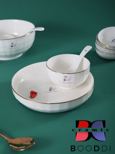 ชุดจานชามสีล้วนสไตล์นอร์ดิกชุดรับประทานอาหารจานเซรามิกจานจานชามข้าวชามก๋วยเตี๋ยวใช้ในบ้านเรียบง่ายขอบทองเพชรจานลึกจานปลา