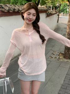 BINKAFENNY | เสื้อถักคอวีแขนยาวสีชมพูหวานๆ สำหรับผู้หญิง ฤดูใบไม้ร่วง 2025 ดีไซน์ใหม่ เสื้อชั้นในแบบมีฮู้ด ทรงหลวม สไตล์เกาหลี