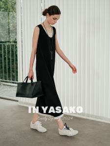 Yasako Minimalist Knitted Acetate Cotton Vest Dress Layered Elegant Simple H-Line Midi Dress Sleeveless round Neck Spring Summer