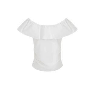 YUEZHONGWEI | White Short Sleeve One Shoulder Ruffle Hem Shirt Womens Summer Slim Fit Beautiful Unique Waist Cinched Shoulder Bared Top