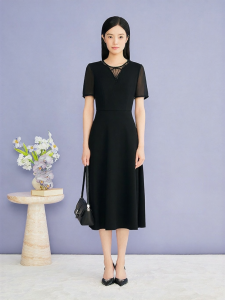 YINER | Elegant Beaded Round Neck Waist Cinched Acetate Blend Dress
