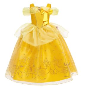 Váy Cosplay Công Chúa Hoa Vàng Lệch Vai Cho Bé Gái Có Đèn LED Chất Liệu Lưới Trang Phục Halloween Cho Trẻ Em Kiểu Dáng Chữ A Dài Đến Giữa Bắp Chân