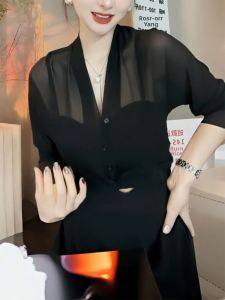 QINGNAER | Sheer Breathable Hollow V-Neck Sun Protection Long Sleeve Plus Size Slimming Blouse