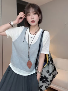 Ice Silk Knitted Short Sleeve round Neck Fake Two-Piece Womens Summer Fashionable High-End Top Comfortable Breathable Lightweight