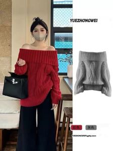 Christmas Red Twist Shoulder Thickened Knitted Sweater Womens Loose Soft Shoulder Exposure Top for Autumn Winter New Year