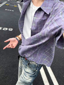 Layered Grid Pattern Casual Feel Mens Shirt V-Neck