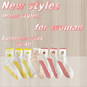 European sizes 36-40 1/2 Pairs Christmas Fruit Embroidery New Knit Mid-Calf Yoga Socks with Rubberized Bottom