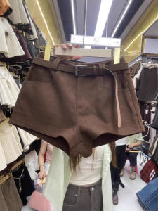 กางเกงขาสั้นผ้าขนสัตว์หนาสีน้ำตาลสไตล์อเมริกันสำหรับผู้หญิง กางเกงขายาวทรงตรง กางเกงขายาวทรงขากว้าง กางเกงขายาวลำลอง ฤดูใบไม้ผลิและฤดูใบไม้ร่วง