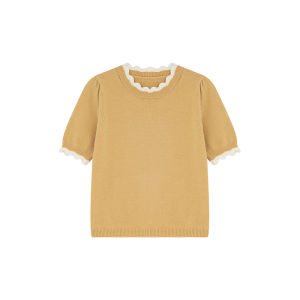 Color Block Lace Collar Bubble Sleeve Summer T-Shirt Knitted