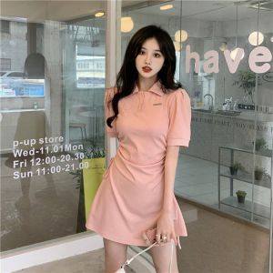 Pink Dress for Women New Arrival Sweet Short Sleeve Polo Collar Slim Mini Skirts
