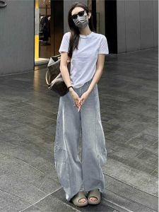 Summer Fashion Casual Versatile Womens T-shirt High Waist Slimming Patchwork Design Wide Leg Jeans Two-piece Set Polyester Fiber