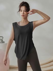Womens Sports Vest Loose Thigh-Length Slim Looking Yoga Jacket T-Shirt Summer Thin Training Workout Sleeveless Blouse