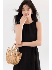 French  Fit Waist Dress Sleeveless Strap Design Round Neck Elegant Dress For Women