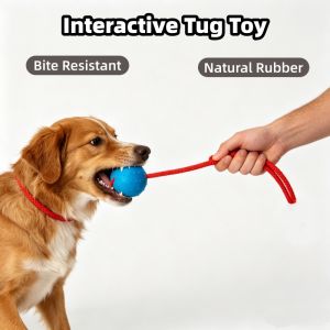 Rubber Dog Ball On Rope Bite Resistant Interactive Tug Chew Toy Pet Training Teeth Cleaning Ball for Small Medium Large Dogs