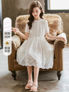 ชุดเดรสผู้หญิงแขนสั้นลายลูกไม้สีขาว ทรงเอ สำหรับเด็กผู้หญิง ชุดเดรสฤดูร้อน 2025 ใหม่ล่าสุด เดรสเจ้าหญิง ชุดเด็กผู้หญิง