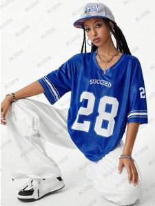 2025 Summer New Blue Succeed Print T-Shirt For Women V-Neck Short Sleeve Sports Football Jersey Y2K Casual Loose Oversized Tops