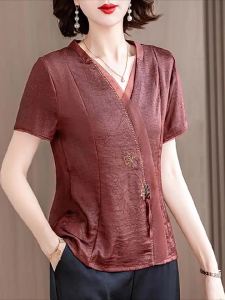 Slimming Mommy Shirt Short Sleeve Womens Fashion Summer New Style Ladys Top Belly Covering Vintage Chinese Style Blouse