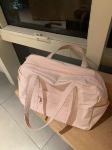Portable Large Capacity Pink Tote Bag Sports Travel Fitness Bag Short Trip Luggage Casual Simple Style Handheld Canvas Bag