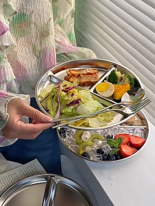 จานแบ่งช่องสแตนเลส 3 ช่อง ถาดหลุม ทรงกลม สแตนเลส304 ถาดข้าวเด็ก กล่องข้าว  จานแบ่ง