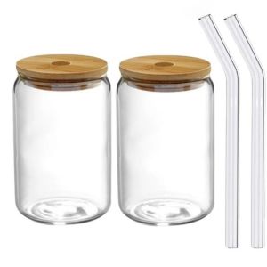 Set of 2/4/6 Glass Can Shaped Cups 500ml with Spill-Proof Lids And Straws Straw Cleaning Brushes For Birthday Summer Festival