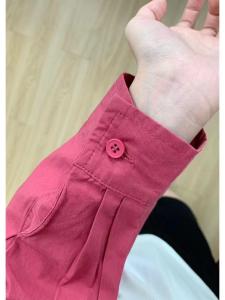 เสื้อเชิ้ตแขนยาวผู้หญิงสไตล์วินเทจสีชมพูม่วง 100% ผ้าฝ้ายแท้ ทรงหลวม สไตล์เกาหลี ปกโปโล คอกลม เสื้อเชิ้ตทำงาน