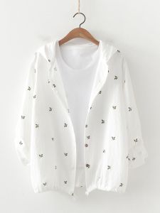 เสื้อโค้ทสั้นมีฮู้ดผ้าฝ้ายล้วนทรงหลวมลายใบไม้ทั้งตัวเรียบง่ายสดใสน่ารักแนวอาร์ตๆสไตล์ญี่ปุ่นเสื้อกันแดดแขนยาวผู้หญิงสไตล์เกาหลี