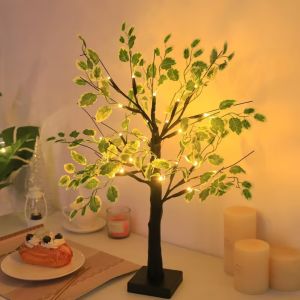 Artificial Green Leaf Birch Tree Lights 24 LED 2FT Battery Powered Tabletop Tree Lamp for  Bedroom Wedding Party Home Decoration