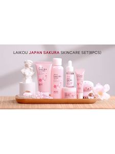 LAIKOU Japan Sakura Skin Care 8pcs Anti-aging Set Skin Rejuvenating Serum Glowing Moisturizer Boost Radiance Toner