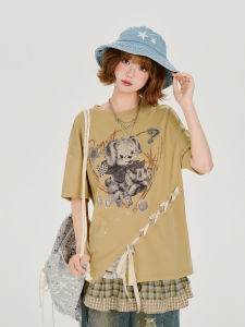 American Retro Fake Two-Piece Printed T-Shirt Short Sleeve Loose Design