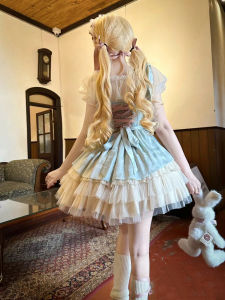 ชุดเดรสกระโปรงสั้นสไตล์โบเทาต้า ผ้าซาติน ทรงเจ้าหญิง แขนสั้น คอตั้ง ชุดเดรสฤดูร้อนสำหรับเด็กโต ชุดเดรสแฟชั่น Lolita