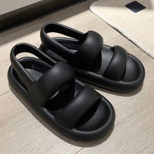 Sweet Cool Black Kitten Flat Sandals Womens Summer EVA Slip-On Beach Shoes Low Heel Soft Bottom Cartoon Anime Korean Style