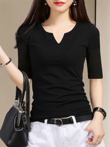 Áo Thun Nữ Tay Giữa Màu Đen Thanh Lịch Cổ Chữ V Thiết Kế Tay Lửng Năm Phần Áo Phông Dáng Ôm Mùa Thu Cotton 95% Polyester 5%