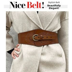 Retro Style Genuine Leather Wide Belt Womens Universal Metal Buckle Elastic Waist Decorative Belt Fashionable Accessory