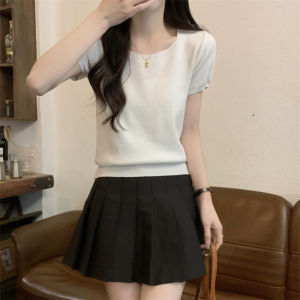 Pink Ice Silk Knitted Short Sleeve T-Shirt Womens Slim Fit Half Sleeve Half Skirt Matching Short Top Summer New Arrival