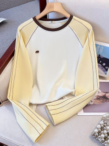 Womens Long Sleeve round Neck T-Shirt Pure Cotton Shoulder Insert Design Spring New Style Macaron Color Block Commute Korean Version
