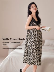 Miiow | Comfortable Breathable Womens Sleep Dress With Chest Pad Loose Fit Summer Luxury Home Clothes V Neck Long Skirt Gown