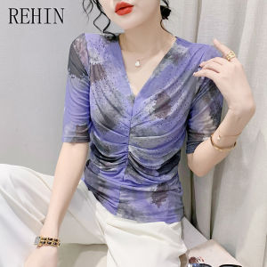 Rehin thời trang mới mùa hè tím in v-cổ lưới xếp li Rhinestone ngắn tay T-shirt với áo có hoa văn cho phụ nữ