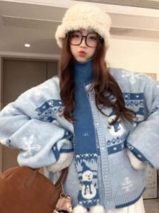 Christmas Atmosphere Blue Retro Long Sleeve Knitted Sweater Womens Autumn Winter Small Size Lazy Fashion Loose Cardigan