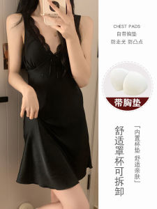 Ice Silk Sleep Dress Womens Summer New Style Sensual Pure Desire with Chest Pad Black Nightgown V-neck Mid-length Casual Home Wear